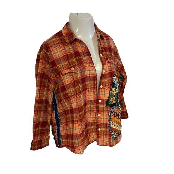 Upcycled Flannel Shirt Shacket Womens L Orange Grunge Patchwork Folk Art Skull - Picture 9 of 16